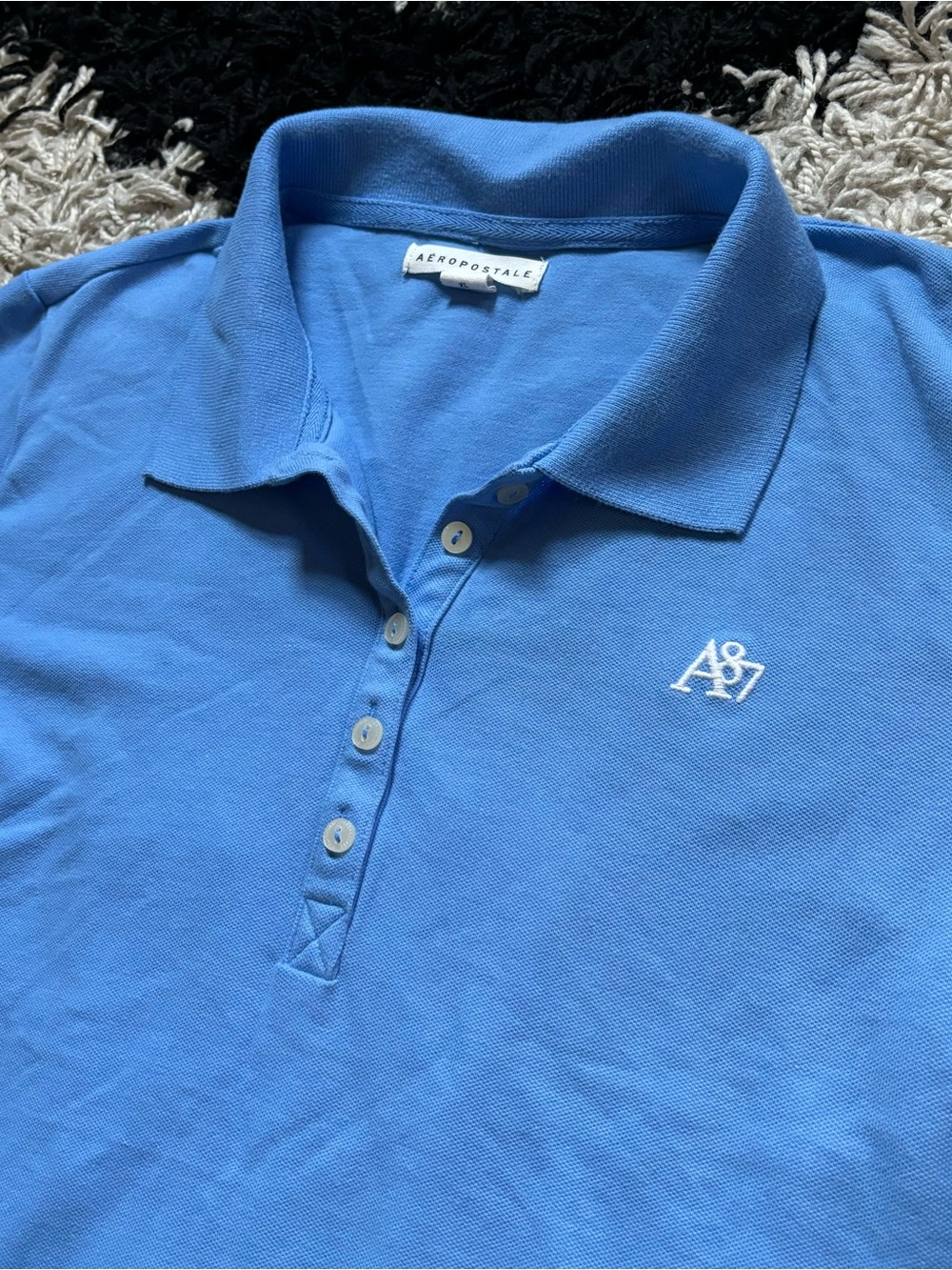 Aeropostale Bright Blue Collared White A87 Logo Polo Short Sleeve Shirt